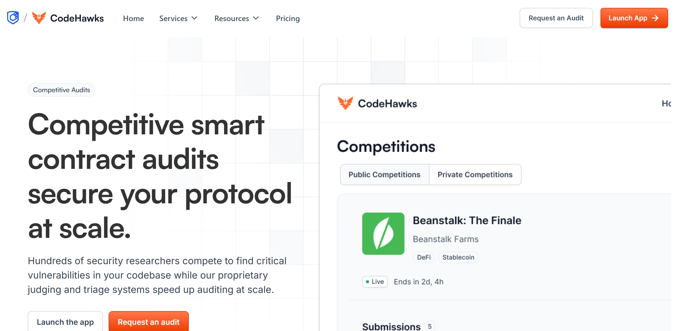 CodeHawks home page hero introducing its competitive smart contract audit platform