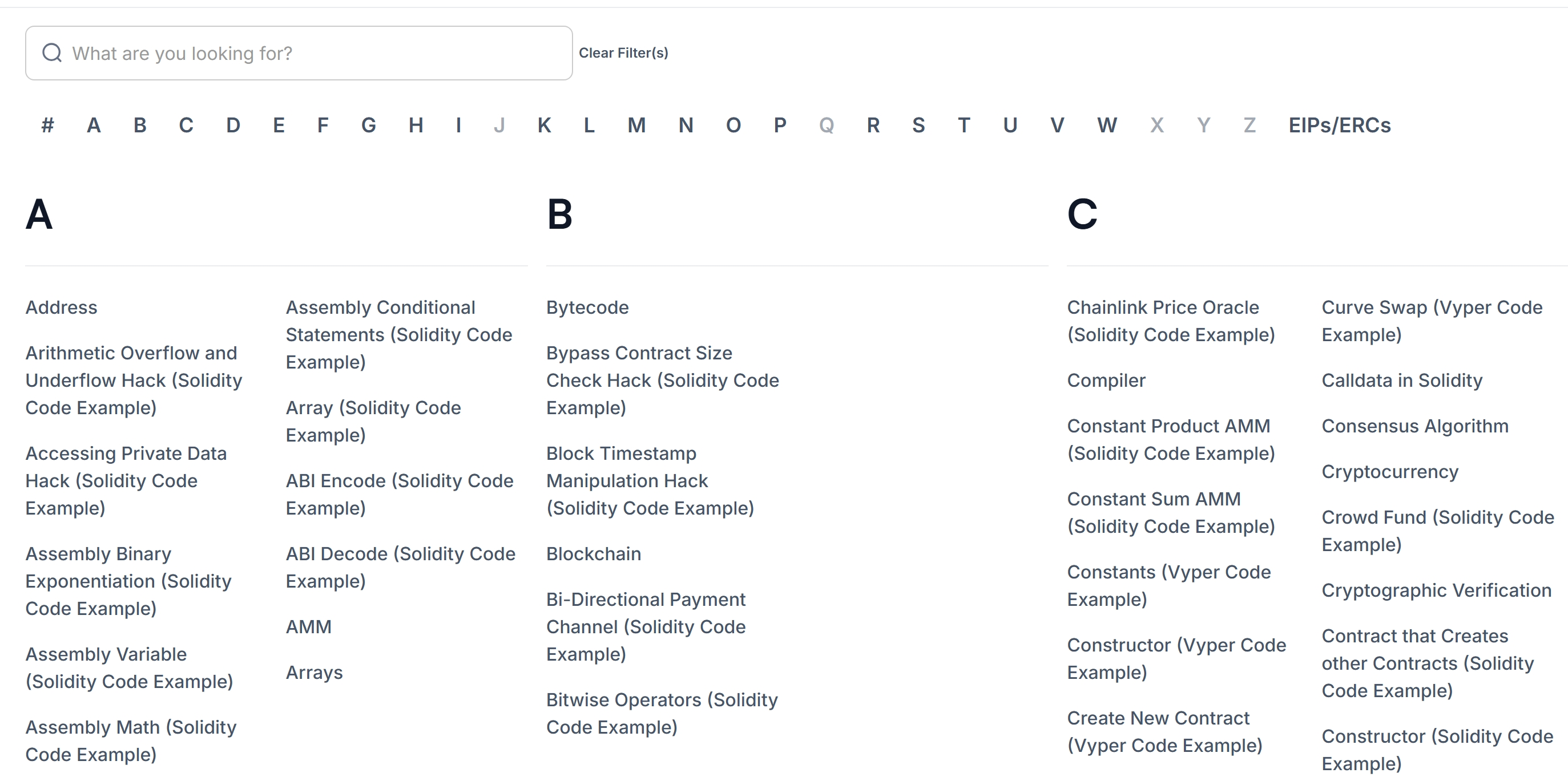 Cyfrin glossary with search and alphabetical filtering controls