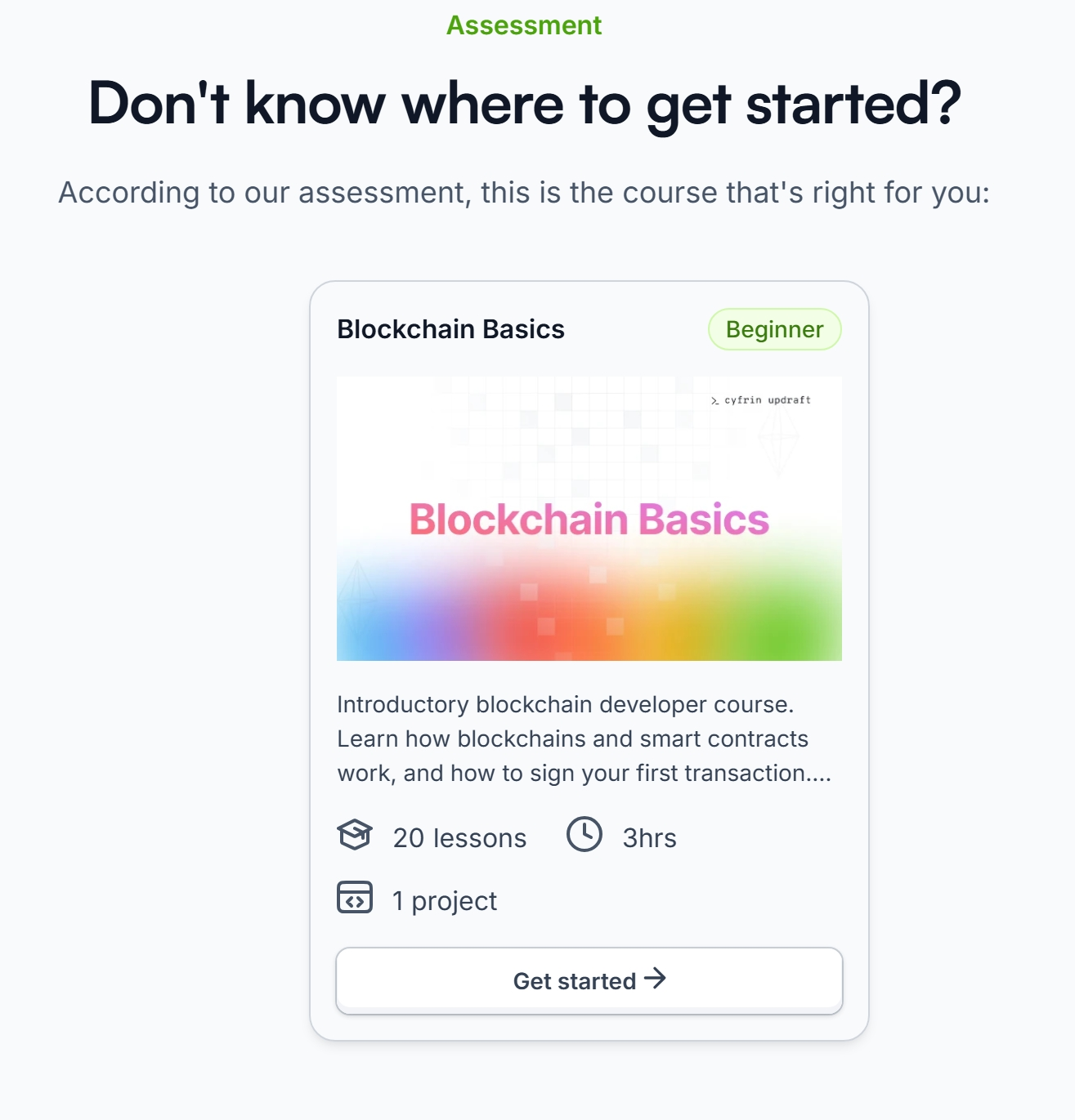 Updraft assessment result recommending the Blockchain Basics course