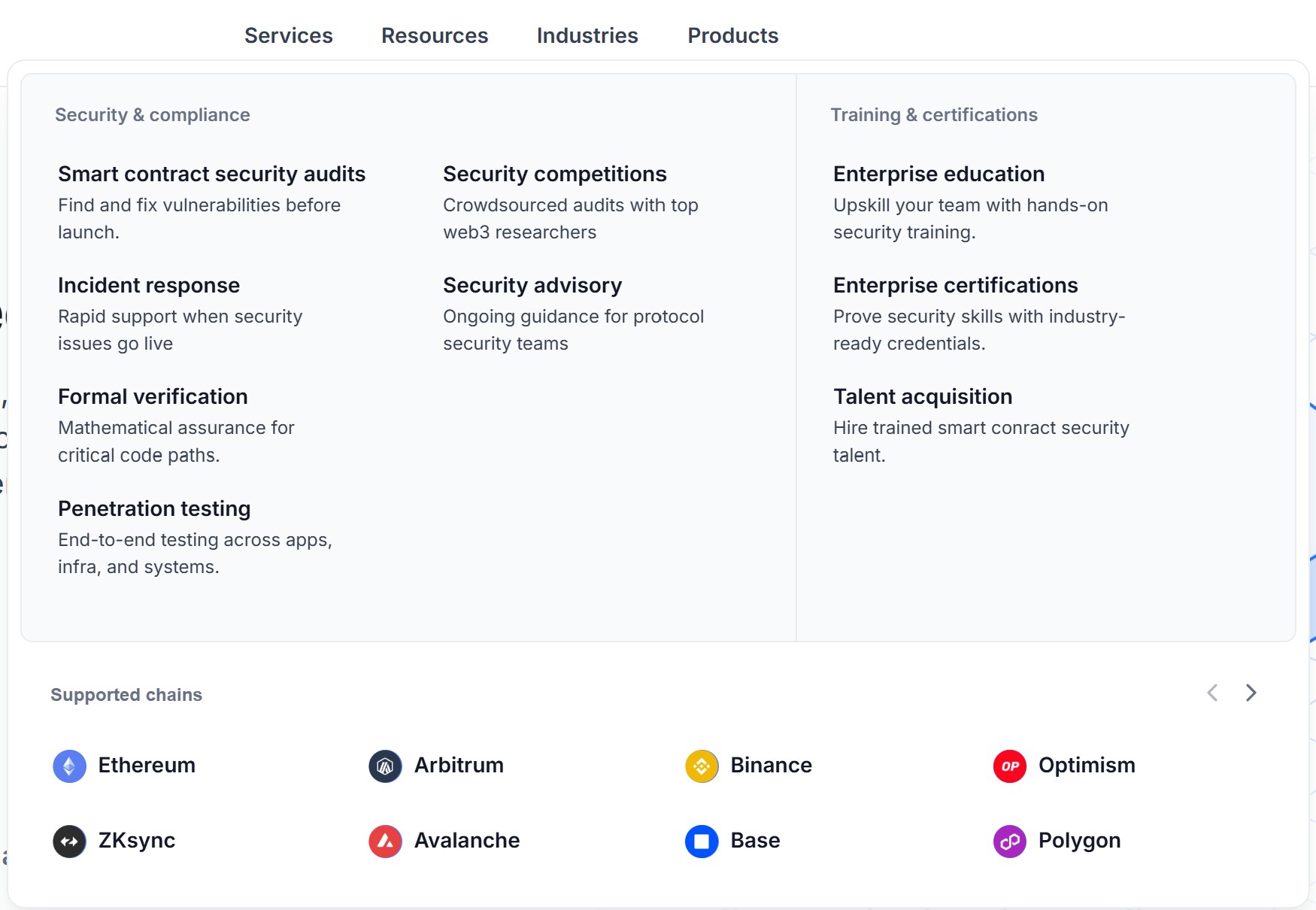 Cyfrin services mega menu with supported-chain carousel