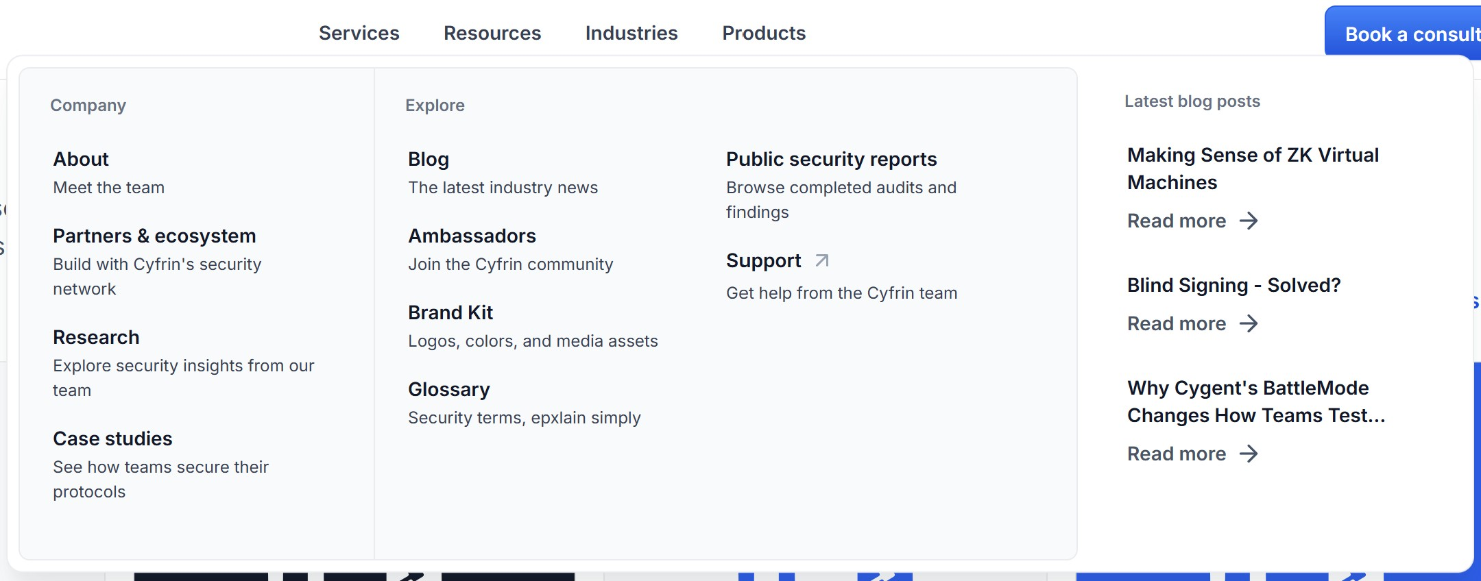 Cyfrin resources mega menu with CMS-powered latest blog posts