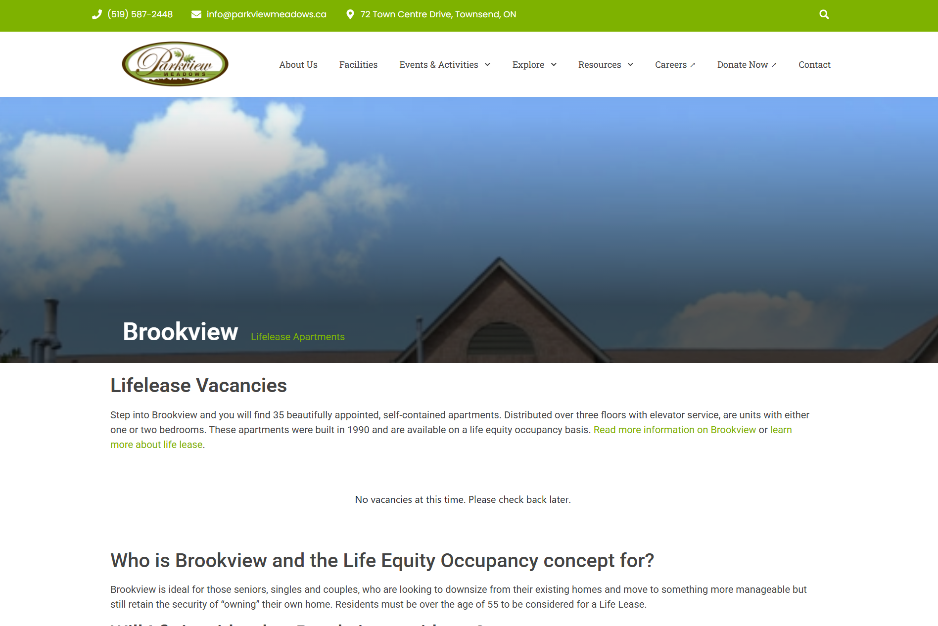 Brookview life lease page with building photograph and vacancy information