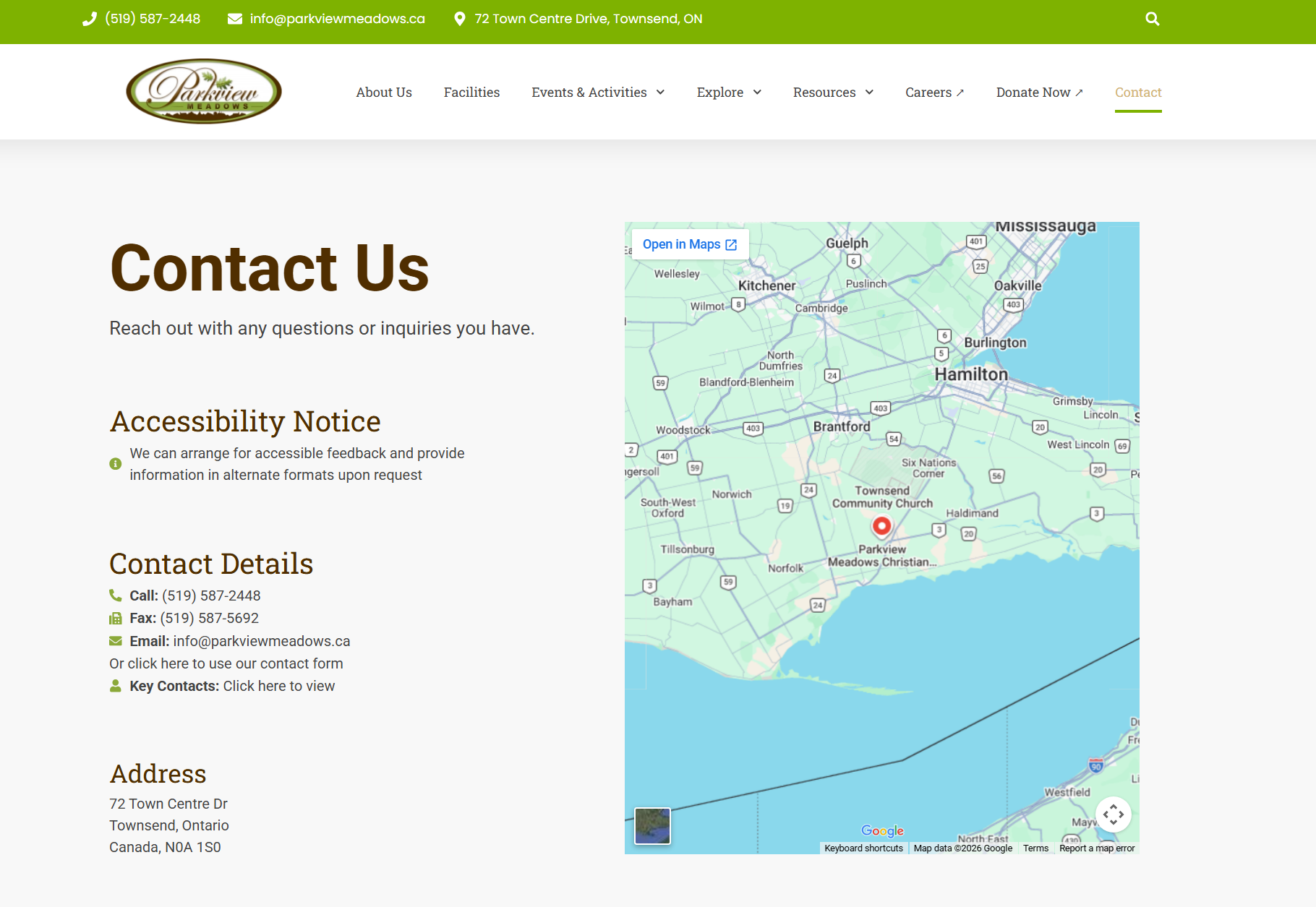 Parkview Meadows contact page with location map and contact details