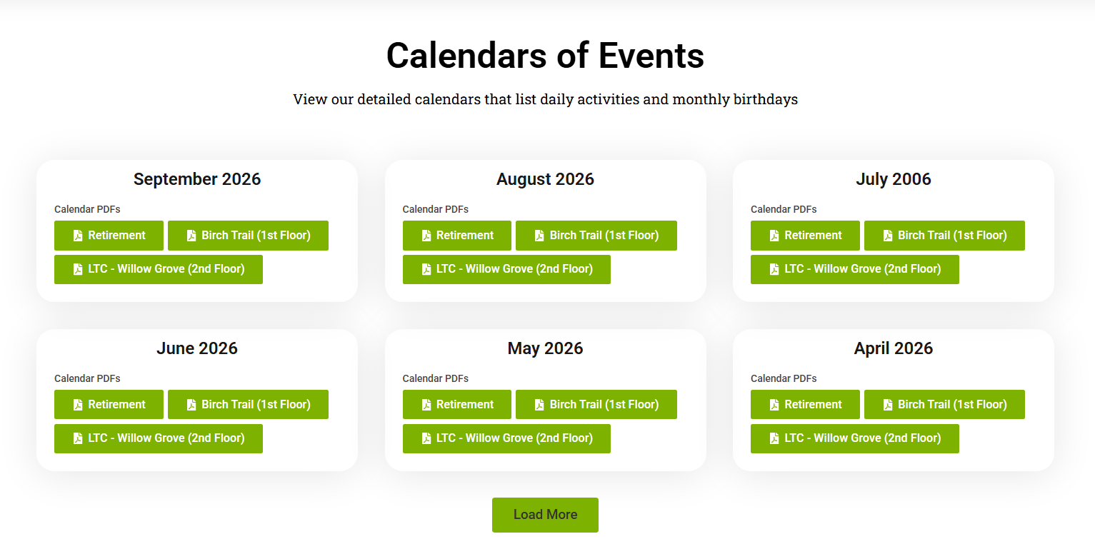Parkview Meadows monthly activity calendars with downloadable PDFs