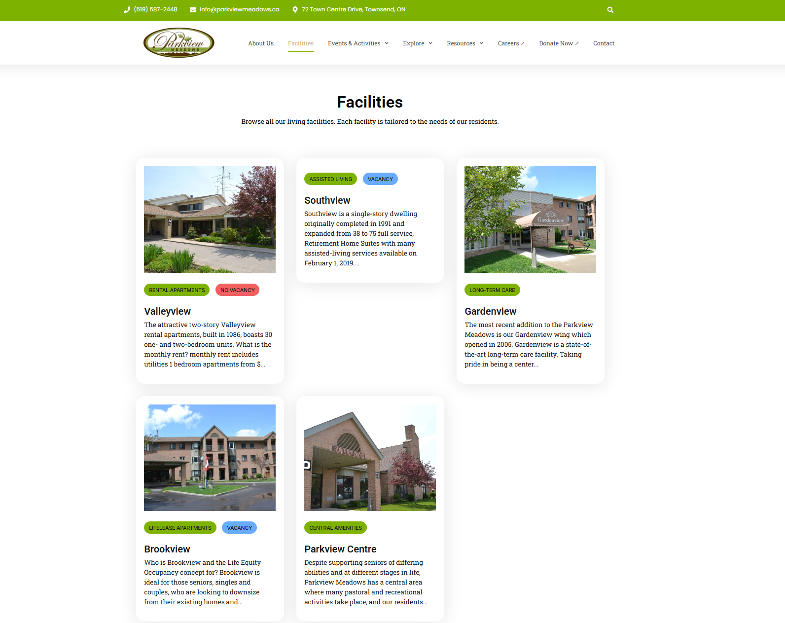 Parkview Meadows facilities directory with retirement living options