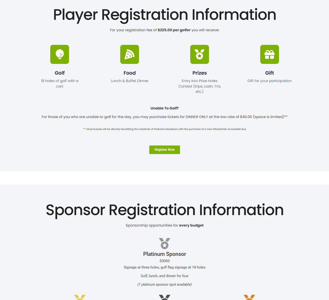 Golf player registration details and sponsor information