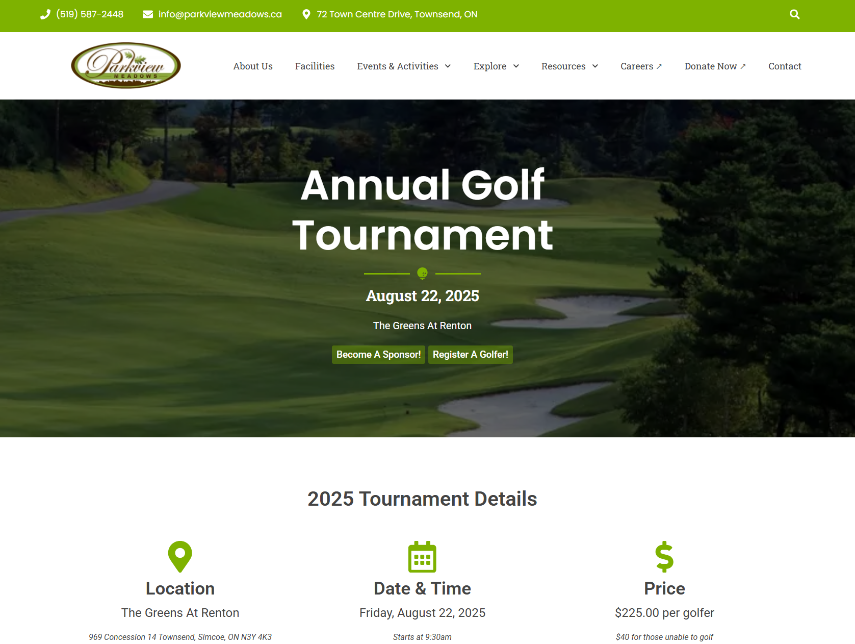 Parkview Meadows annual golf tournament landing page